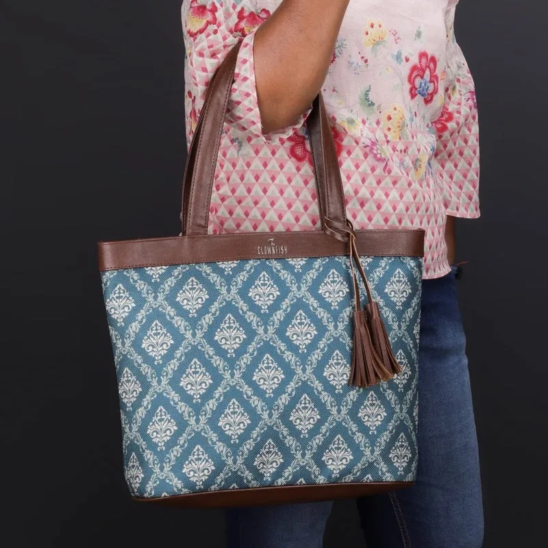 THE CLOWNFISH Casey series 15.6 inch Laptop Bag For Women Printed Handicraft Fabric & Faux Leather Office Bag Briefcase Hand Messenger bag Tote Business Bag (Peacock Blue)